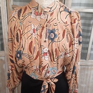 Christian Siriano Floral Blouse - Tan and Blue Size L